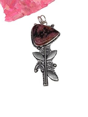 Rhodonite Necklace Pendant Flower 925 Sterling Silver Overlay